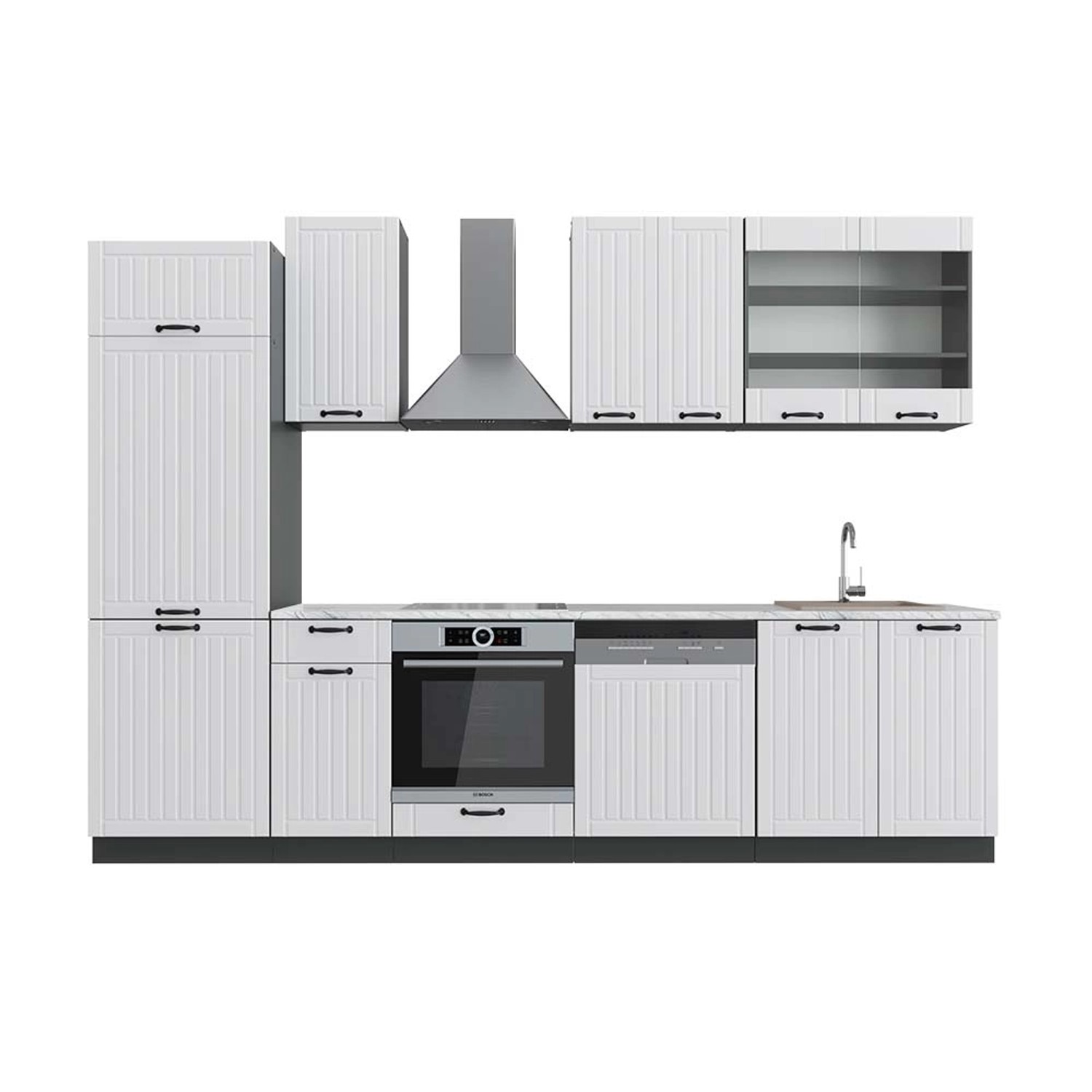 Vicco Fame-Line Küchenzeile Weiß Landhaus/Anthrazit 300 cm AP Marmor günstig online kaufen