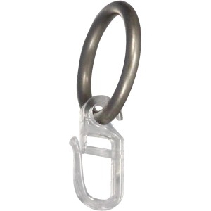 Mydeco Gardinenring in Edelstahl-Optik mit transparentem Gardinenhaken für 16 mm Stangen.