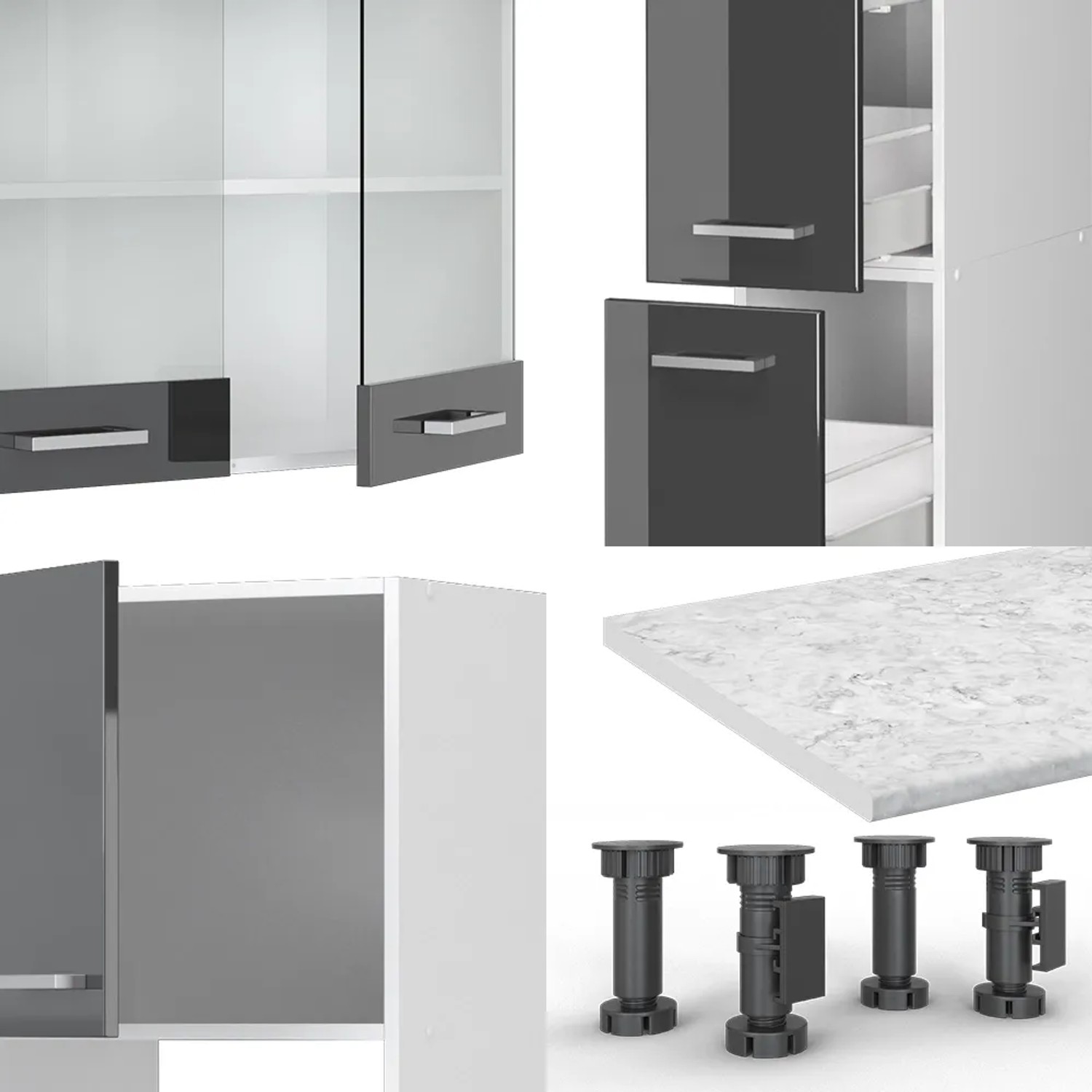 Vicco R-Line Küchenzeile, 350cm, Anthrazit Hochglanz/Weiß, mit Hochschrank. Details von Schränken, Arbeitsplatte und Füßen.