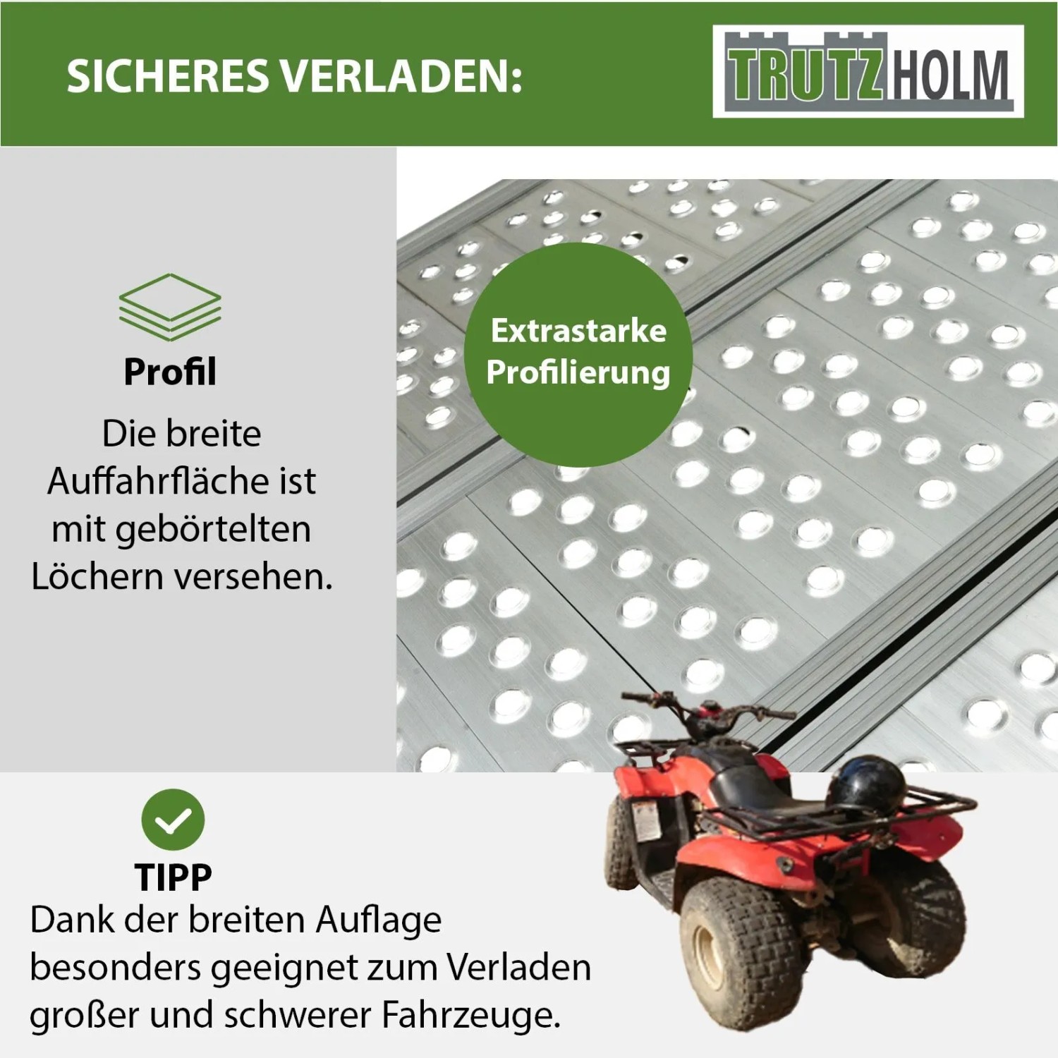 DREIBREIT Auffahrrampe von TRUTZHOLM mit Quad, Alu, klappbar, 175cm, Tragkraft 1020kg, Zubehör für Autoanhänger.