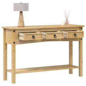 Massiver Kiefer Konsolentisch Corona mit 3 Schubladen, Metallgriffen und Ablage. Rustikales Honigwachs-Finish.