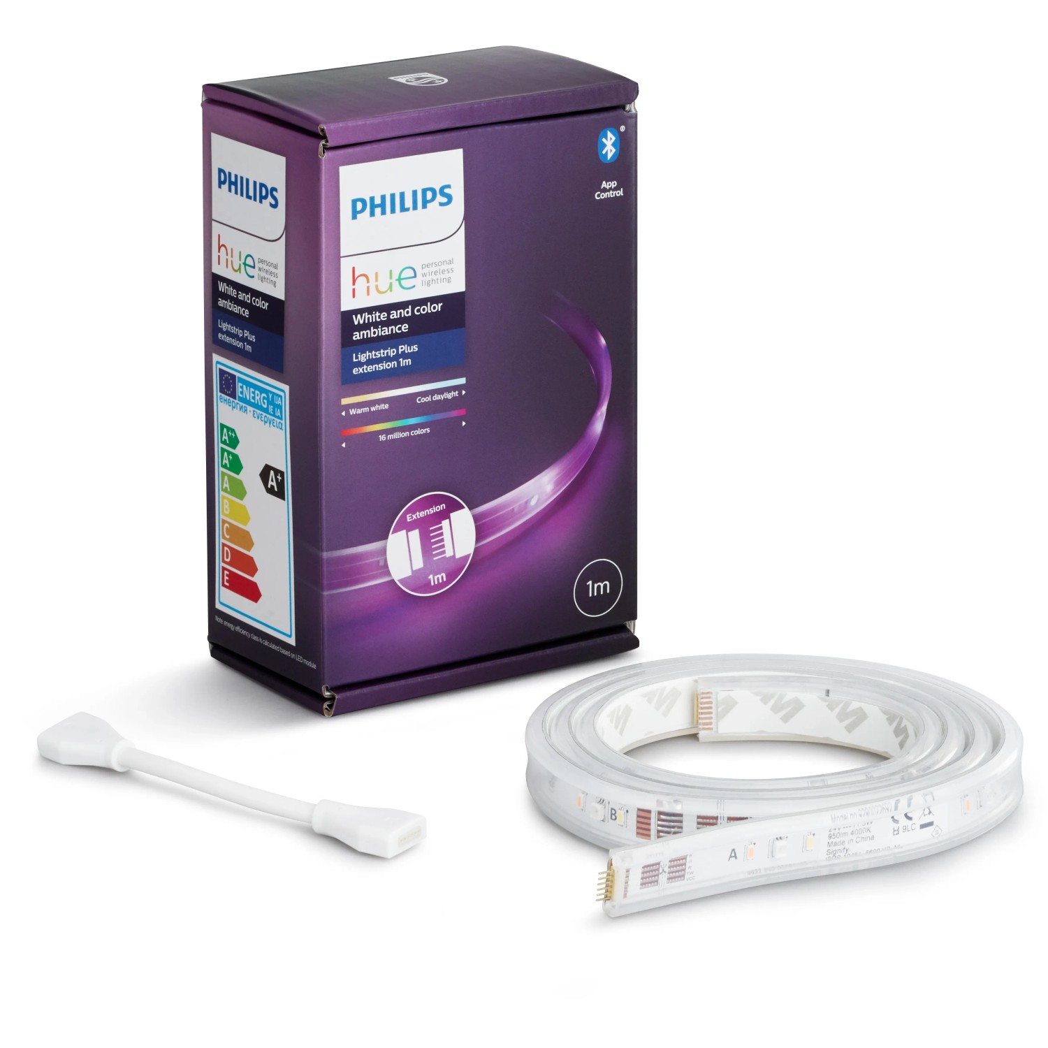Philips Hue Lightstrip Plus 1m Erweiterung mit Verpackung und Zubehör.