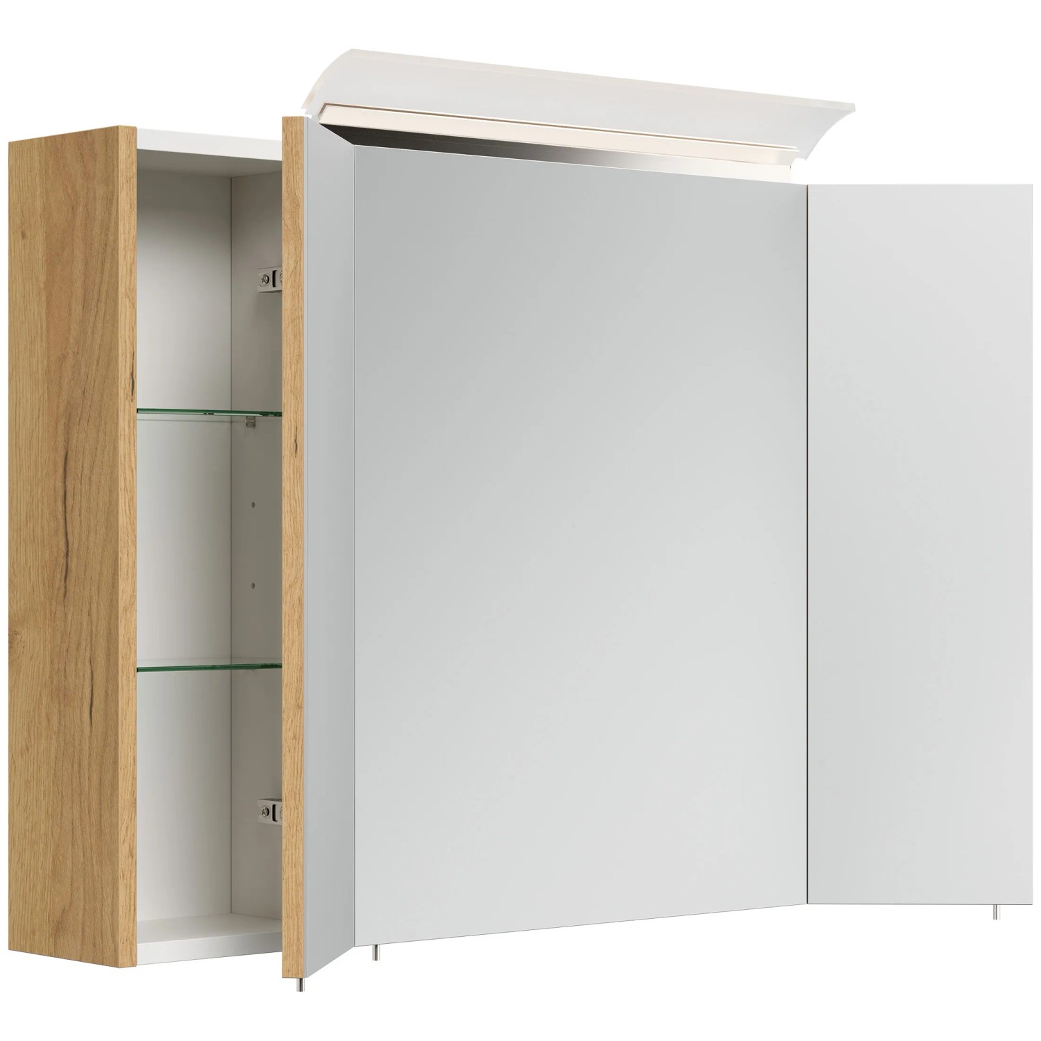 Posseik Spiegelschrank 90 cm Eiche Gold mit LED-Lampe und Glasböden.