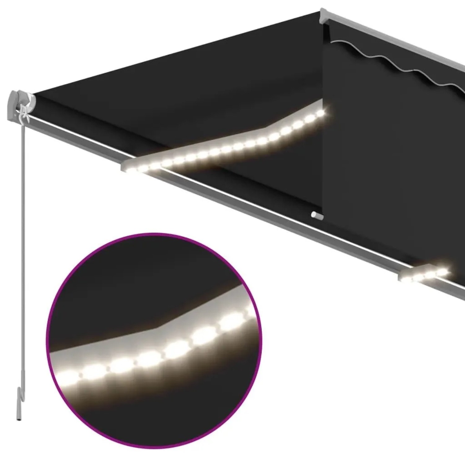 Anthrazitfarbene Markise mit Rollo und LED-Beleuchtung. Manuell einziehbarer Sonnenschutz für Terrasse.