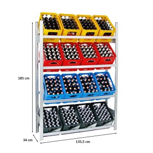 Verzinktes Getränkekistenregal Chiemsee mit 16 Kisten auf 4 Ebenen in Gelb, Rot, Blau und Grün.