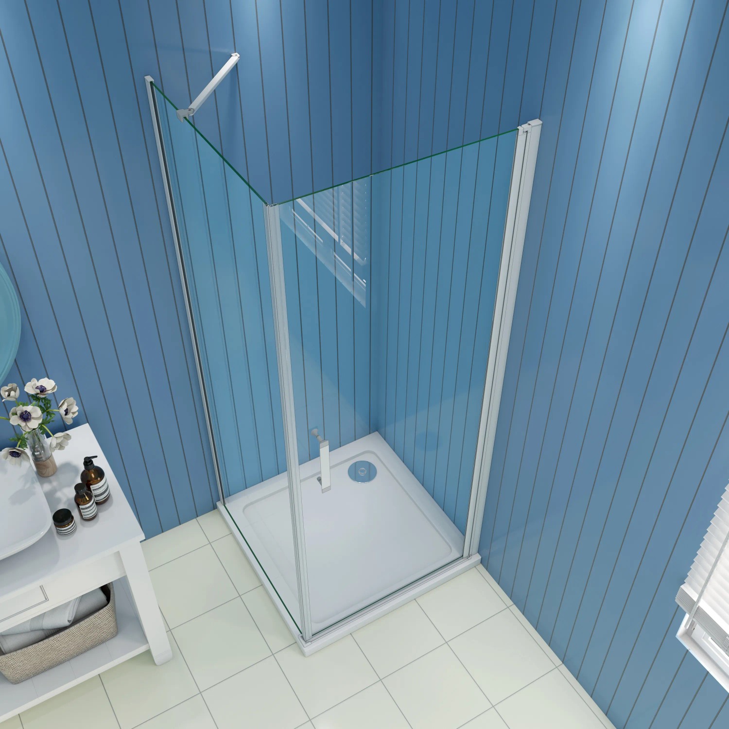 Eckige AICA Pendeltür Dusche, 100x80cm, Alu Silber Matt, Eckeinstieg, 5mm ESG Glas.