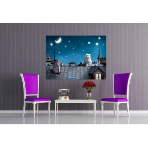 Sanders & Sanders Fototapete: Katze auf Dach bei Nacht, 160x110 cm. Blaue und graue Farbtöne.