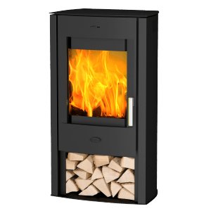 Schwarzer Fireplace Tuvalu Kaminofen (6 kW) mit Holzscheiten im unteren Fach.