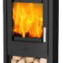 Schwarzer Fireplace Tuvalu Kaminofen (6 kW) mit Holzscheiten im unteren Fach.