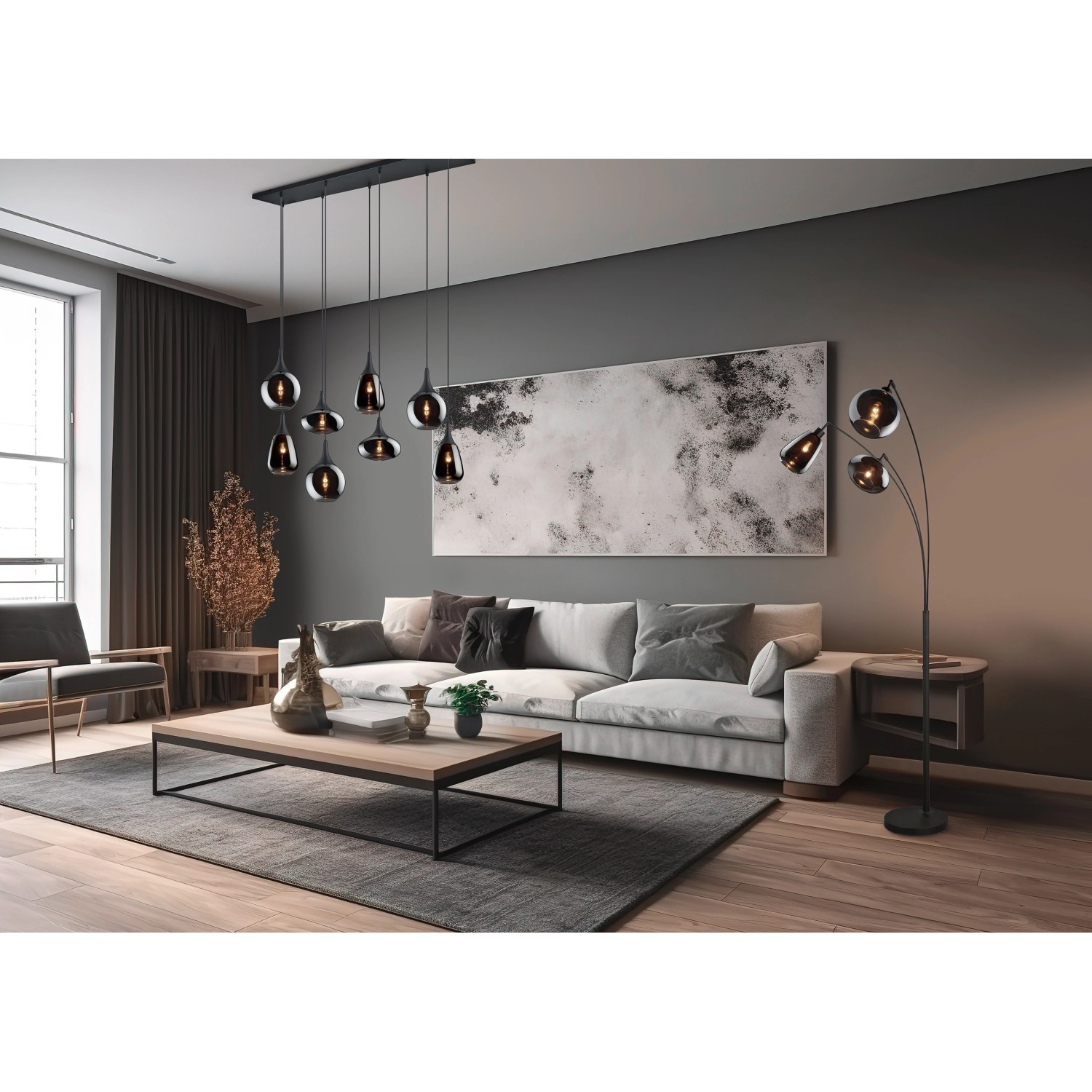 Trio Stehleuchte Lumina, 3-flammig, schwarz matt, im Wohnzimmer.