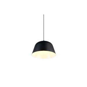 Schwarze matte Metall-Pendelleuchte PLTova mit E27 Fassung, leuchtend. Modernes, minimalistisches Design.