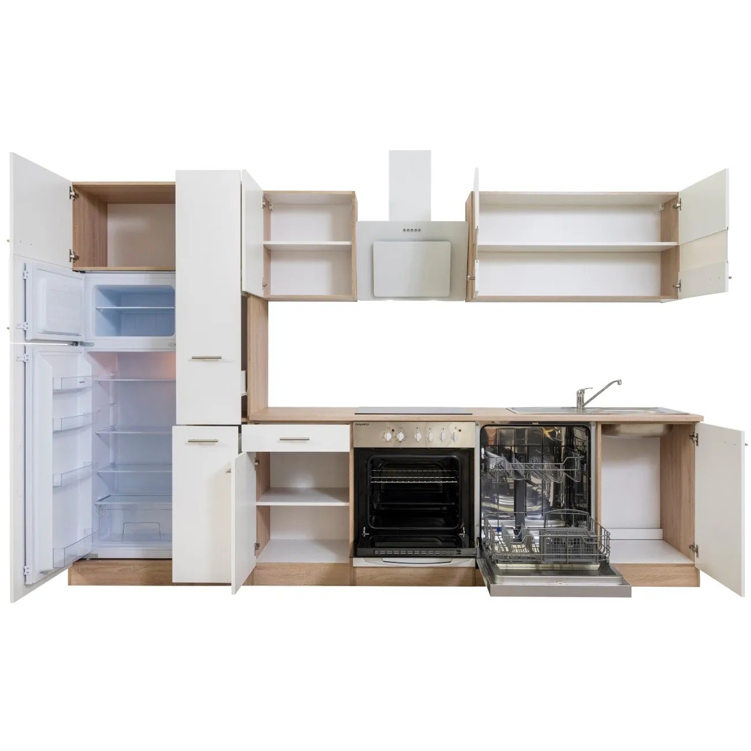 Respekta Küchenzeile KB310ESWCGKE in Weiß-Eiche Optik mit E-Geräten wie Herd, Kühlschrank und Geschirrspüler.