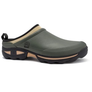 Khakifarbener Rouchette Gartenclog mit schwarzer Profilsohle und beigem Neoprenrand. Bequem und isolierend für Gartenarbeit.