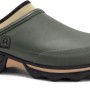 Khakifarbener Rouchette Gartenclog mit schwarzer Profilsohle und beigem Neoprenrand. Bequem und isolierend für Gartenarbeit.
