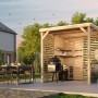 Karibu Pavillon Kvadrat aus Naturholz mit Grillplatz und Sitzgruppe im Garten.