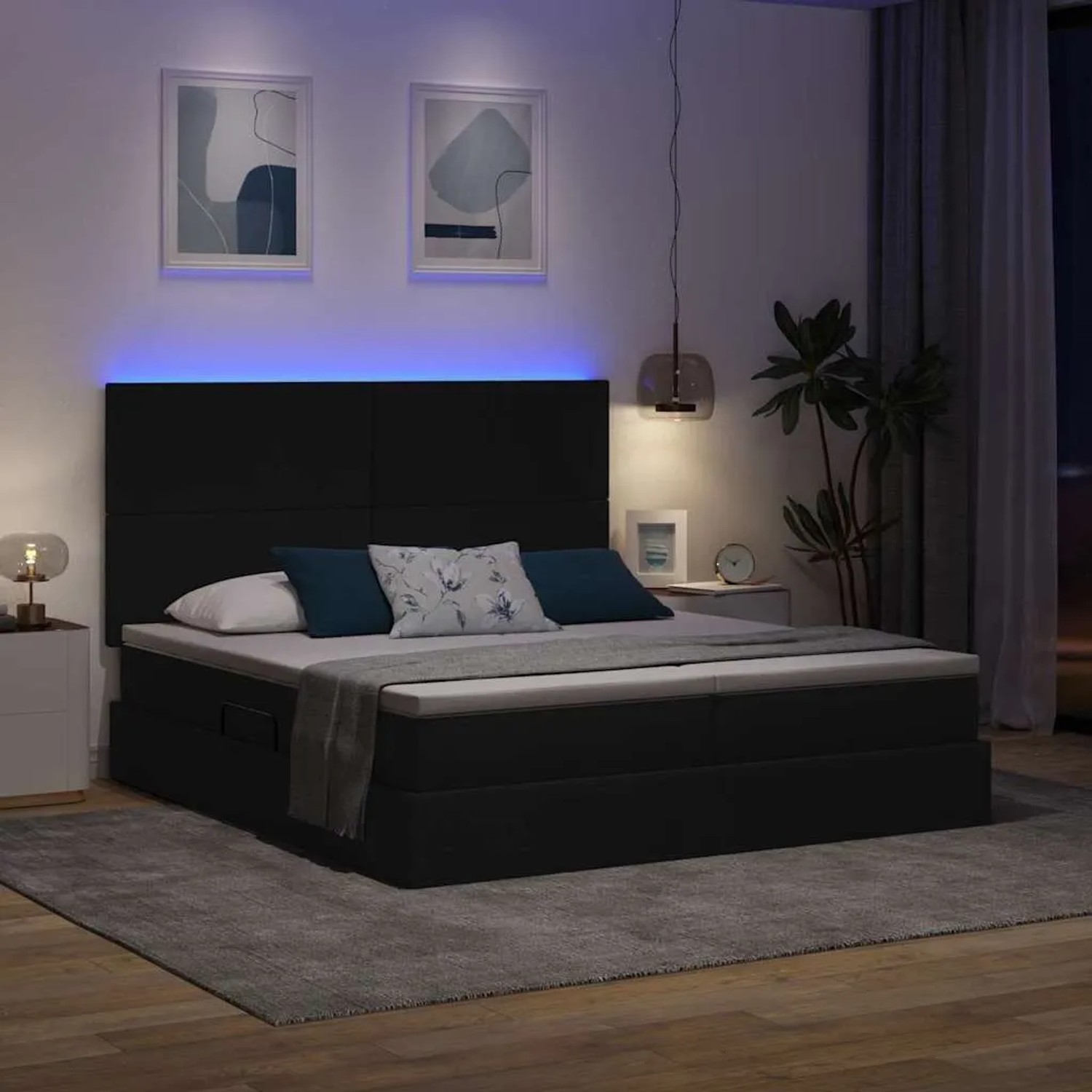 Schwarzes vidaXL Bett (200x200 cm) mit LED-Lichtleisten und Stoffbezug.