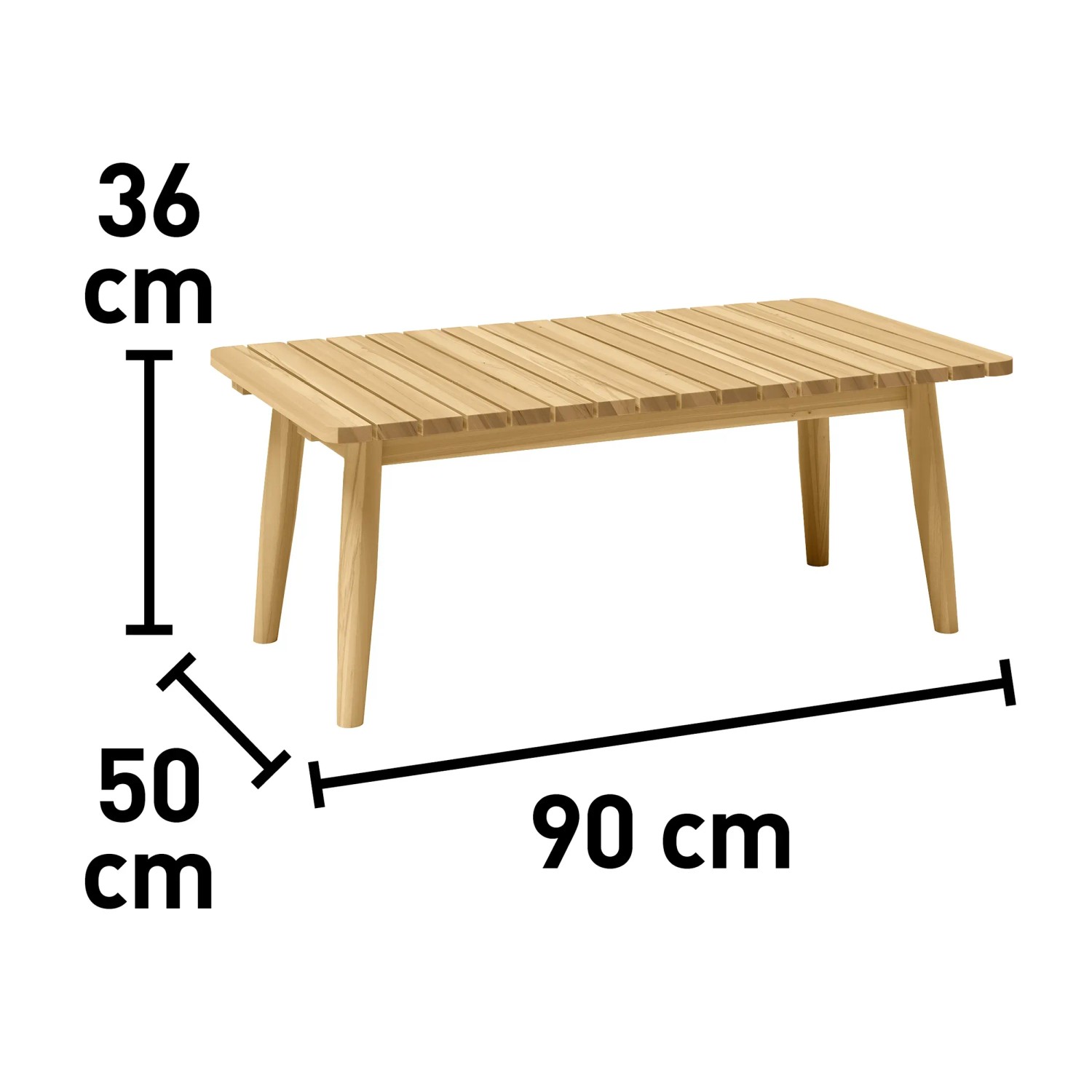 Lakewood Lounge-Tisch aus Akazienholz (90x50x36cm) mit Maßangaben für Gartenmöbel-Set.