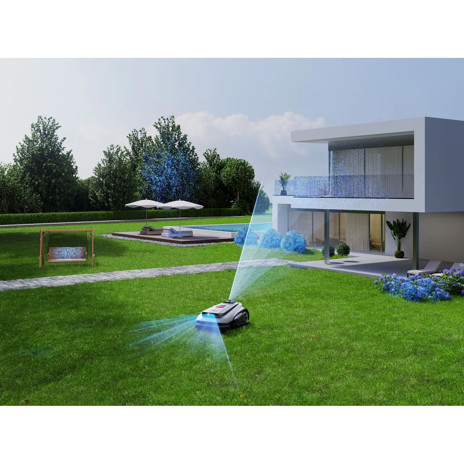 Ecovacs Mähroboter Goat A3000 Lidar Pro in Aktion auf Rasen vor modernem Haus.