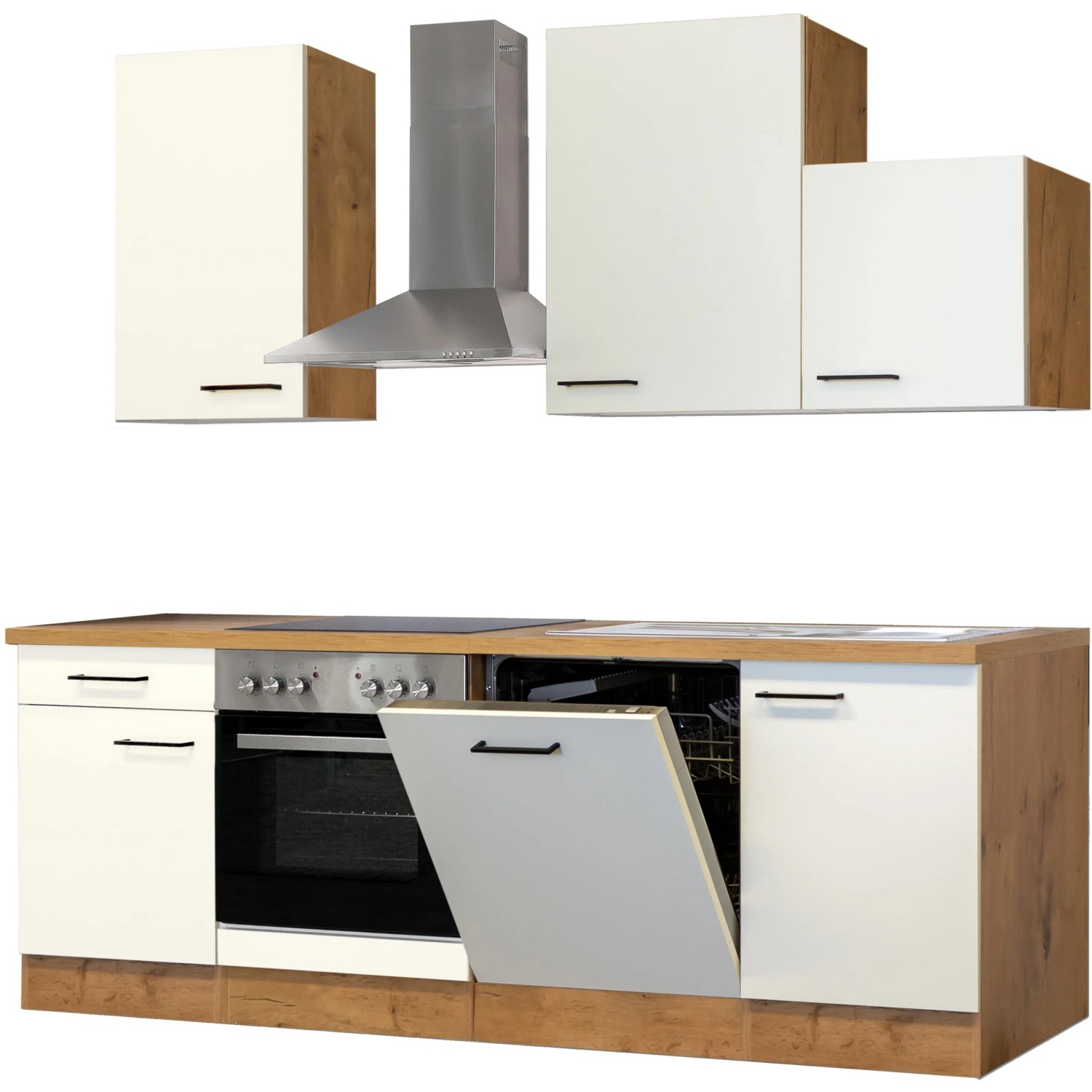 Flex-Well Küchenzeile Vintea 220 cm in Magnolia/Lancelot Oak mit E-Geräten und Spüle.
