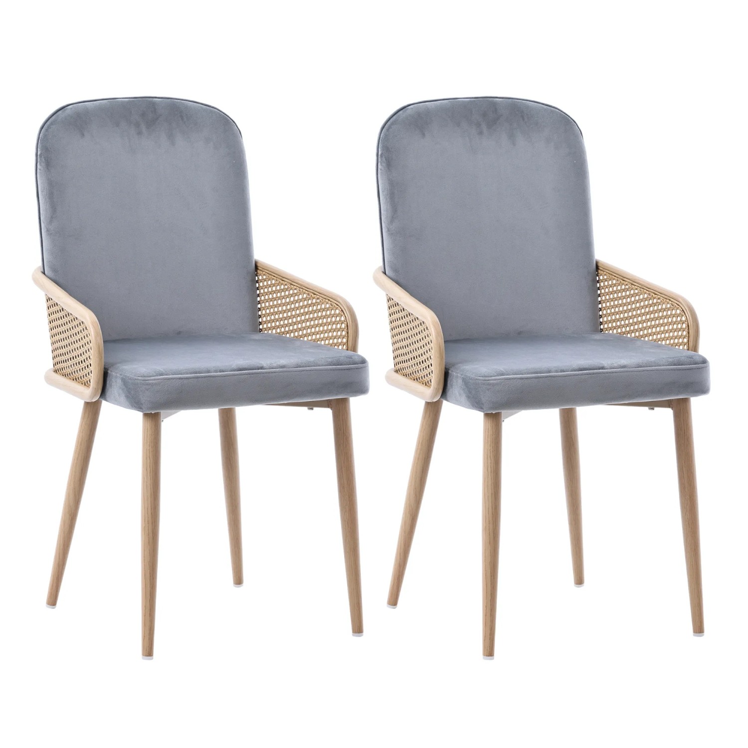 Merax Samt Esszimmerstuhl 2er Set Rattan Optik mit Metallbeinen Grau