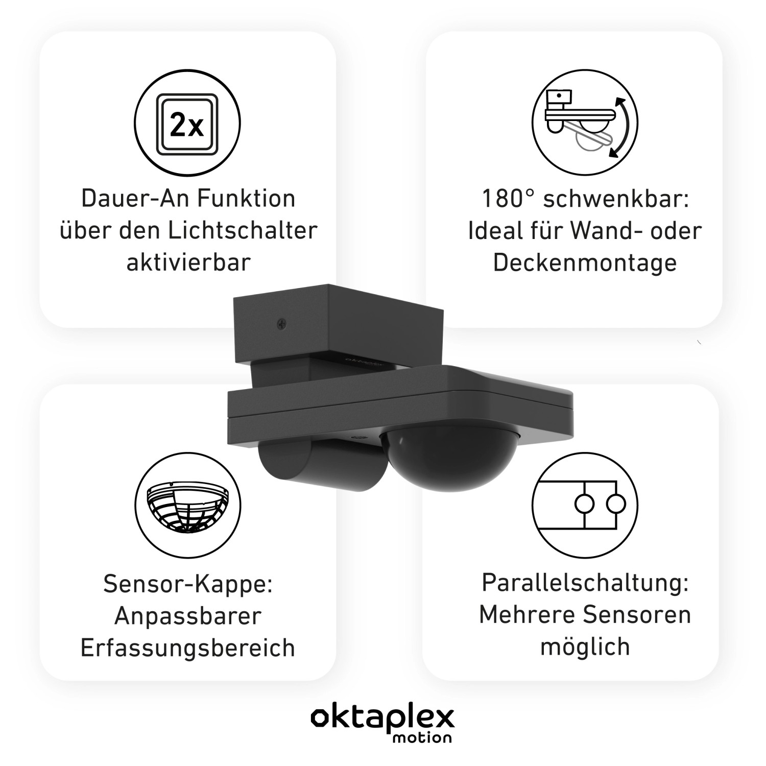 Oktaplex Tea Bewegungsmelder, 360 Grad, anthrazit, für Außenmontage. Schwenkbar für Wand/Decke.