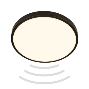 Schwarze Brilo Deckenleuchte Chet mit Bewegungsmelder und warmweißem Licht.