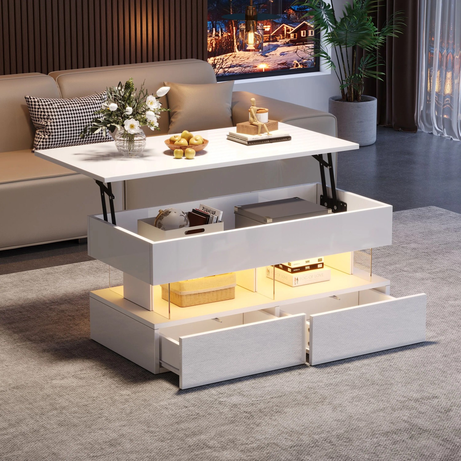 Merax Couchtisch Höhenverstellbar mit LED 2 Schubladen Stauraum Hochglanz Weiß_9