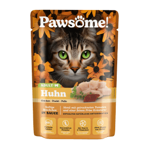 Pawsome Katzen-Nassfutter Adult Huhn, 85g Beutel mit Katze und Futterstücken.