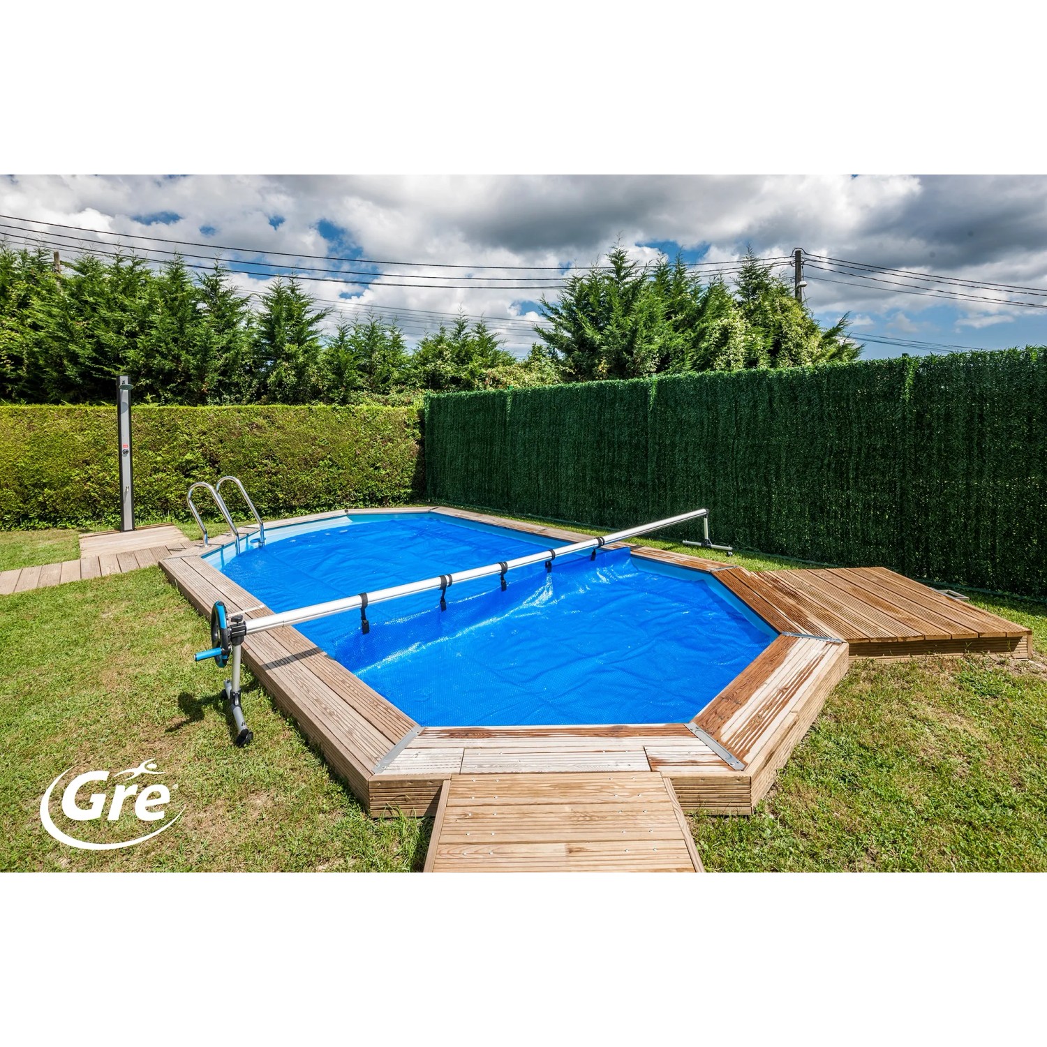 Gre Planenaufroller aus Aluminium für Becken bis 5,5m mit Poolabdeckung.