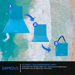 2er Set blaue 24MOVE Strandmatte, klappbar mit Rückenlehne und Tasche, in 3 Schritten zusammengefaltet.