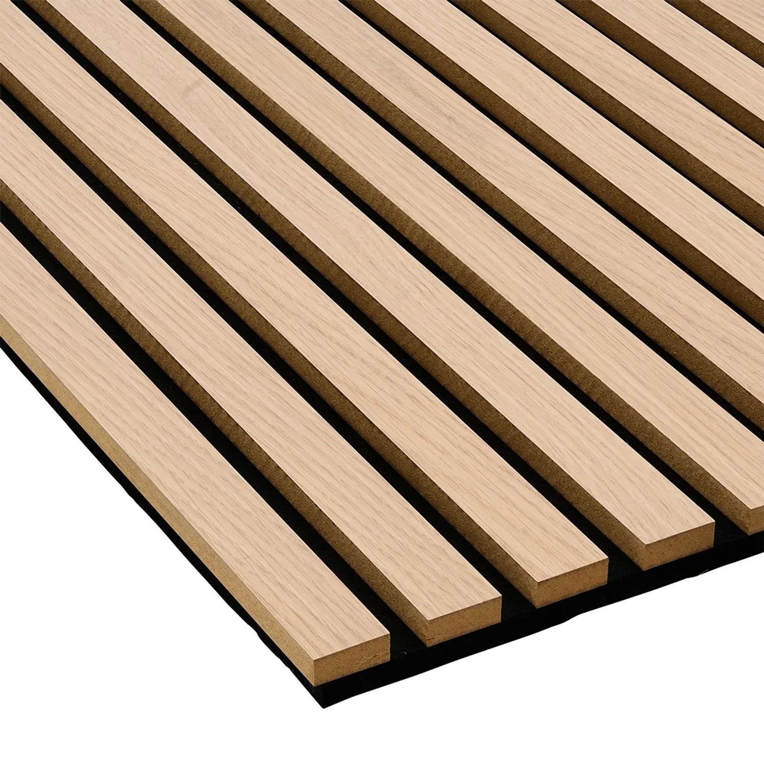 Akustikpaneel Eiche braun/schwarz: MDF-Leisten auf Filz für Wand- und Deckenverkleidung.