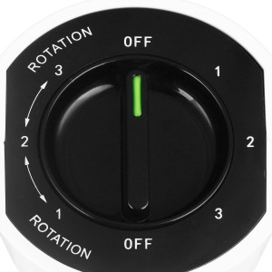 Detailaufnahme des Drehschalters für Geschwindigkeiten und Rotation am Emerio Turmventilator.