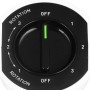 Detailaufnahme des Drehschalters für Geschwindigkeiten und Rotation am Emerio Turmventilator.