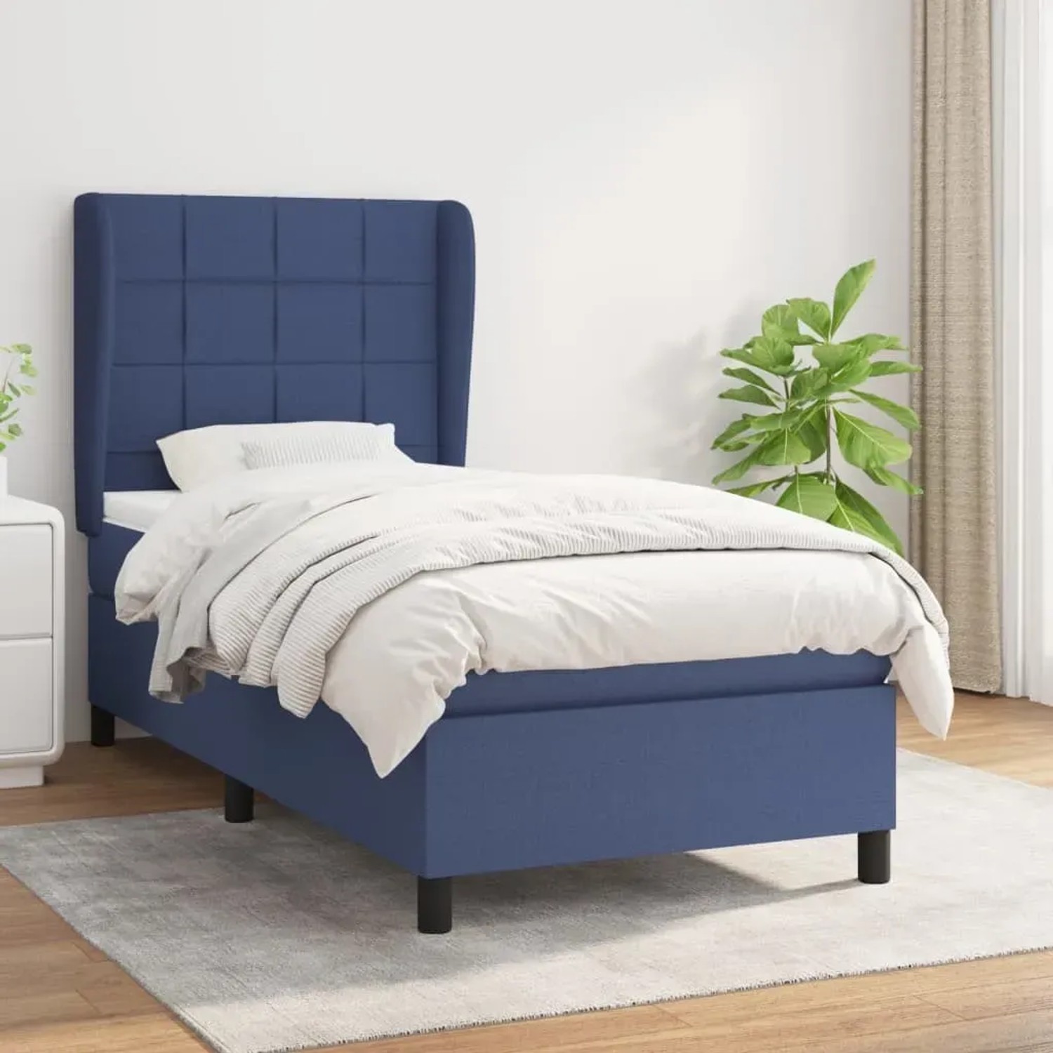 Blaues vidaXL Boxspringbett (90x200 cm) mit Matratze und Stoffbezug.
