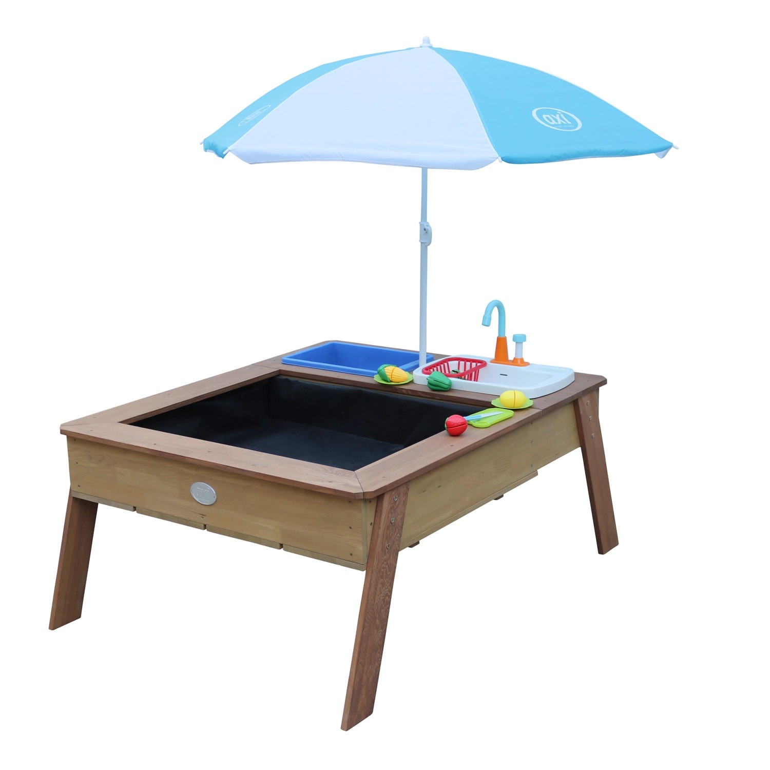 Axi Sand und Wassertisch mit Sonnenschirm Linda Braun Sonnenschirm Blau Weiß