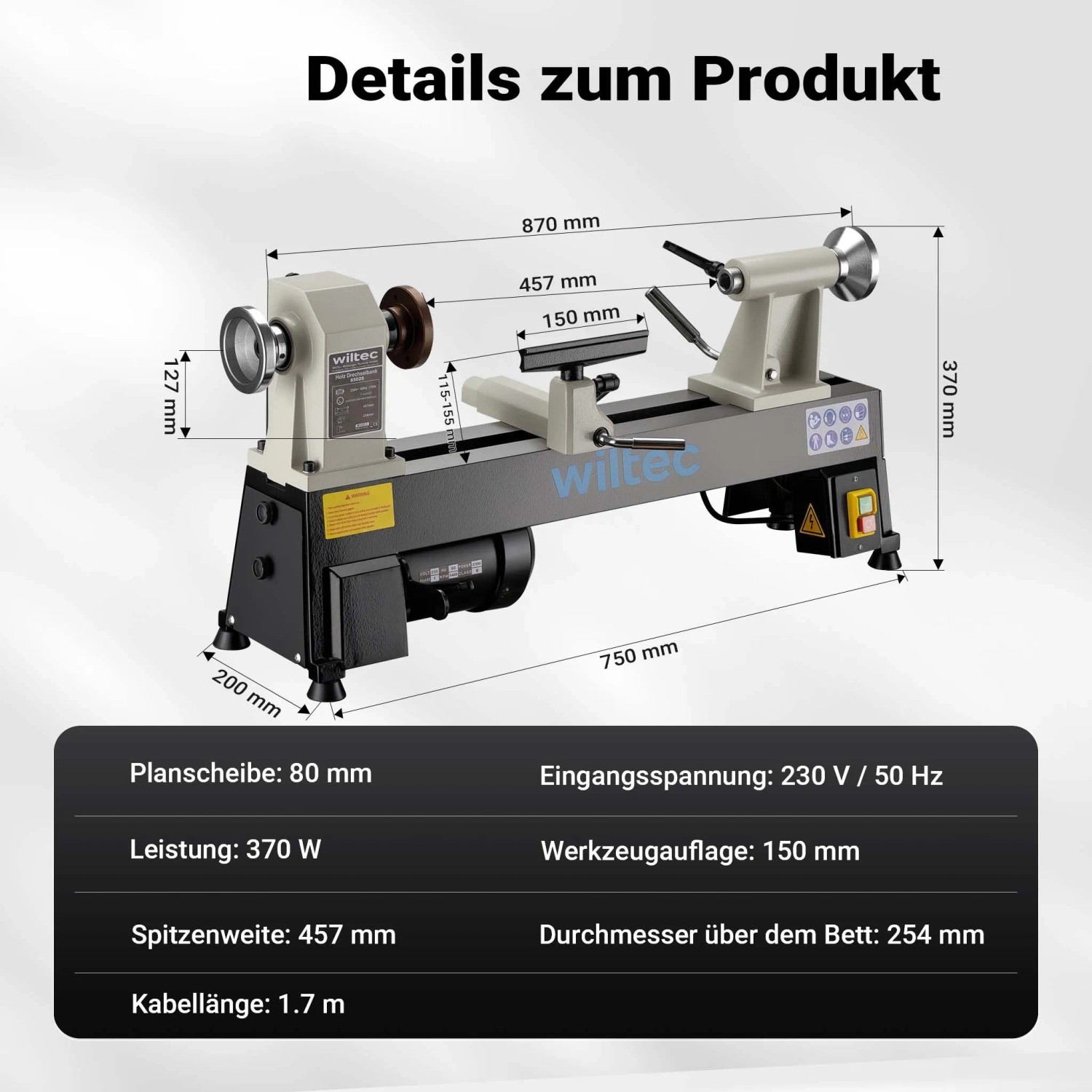 Wiltec Drechselbank 370W, grau-schwarz, mit 457mm Spitzenweite und 254mm Durchmesser über Bett für Holz.