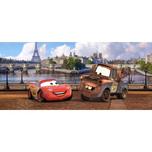 Disney Cars Fototapete mit Lightning McQueen und Hook vor dem Eiffelturm, 202x90 cm.