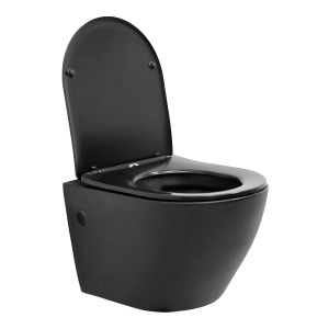 Schwarzes, spülrandloses Hänge-WC von ECD Germany mit Softclose-Sitz.