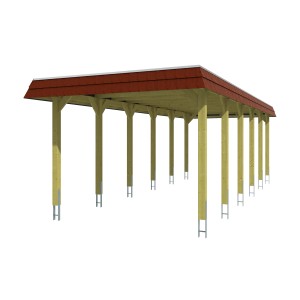 Skan Holz Walmdach-Carport Spreewald mit roter Blende, Holzkonstruktion mit Aluminiumplatten.