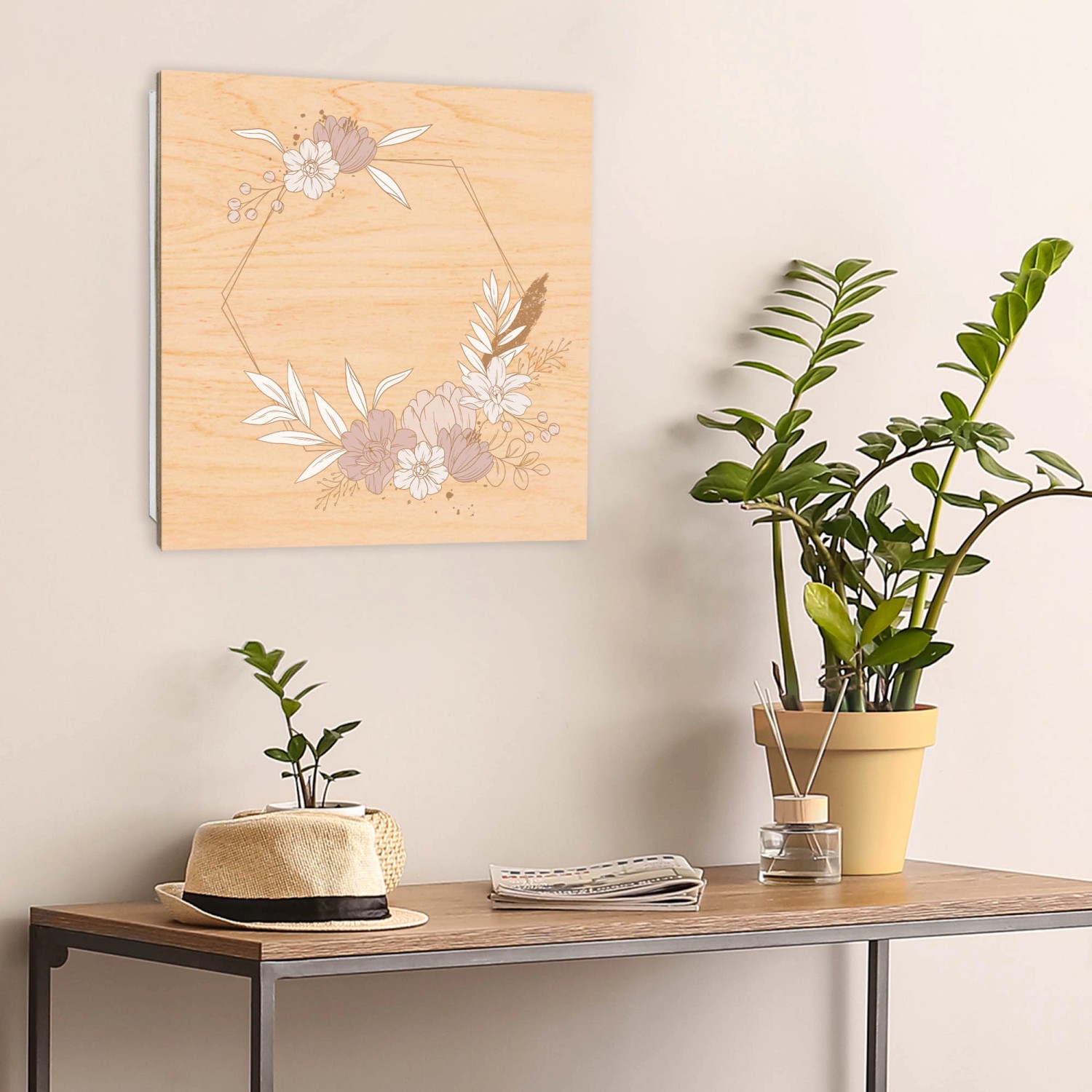 Banjado Schlüsselkasten 30x30cm mit floralem Geometrie-Motiv auf Holzfront, weiße Schlüsselaufbewahrung mit 50 Haken.