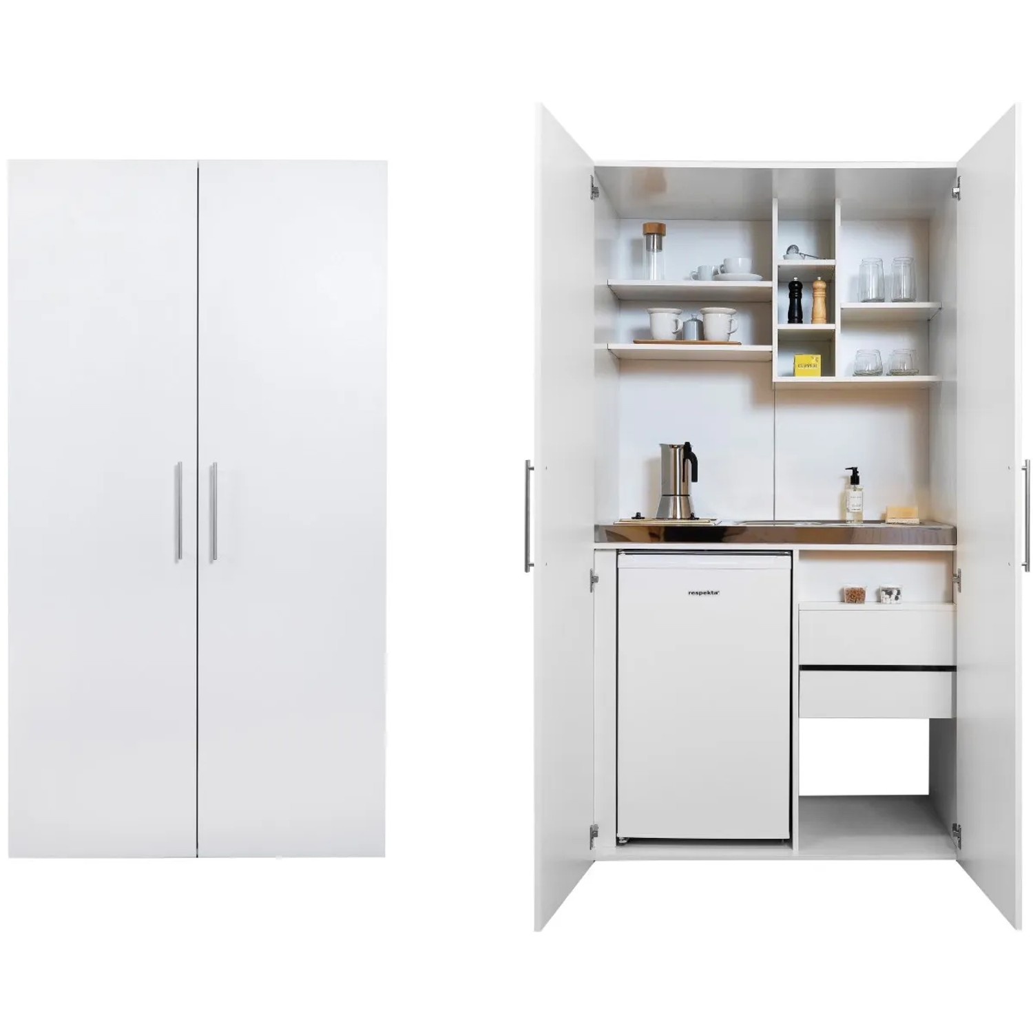 Respekta Schrankküche SKWWC Weiß, mit Kühlschrank, Kochfeld und Spüle. Kompakte Miniküche für Singlewohnungen.