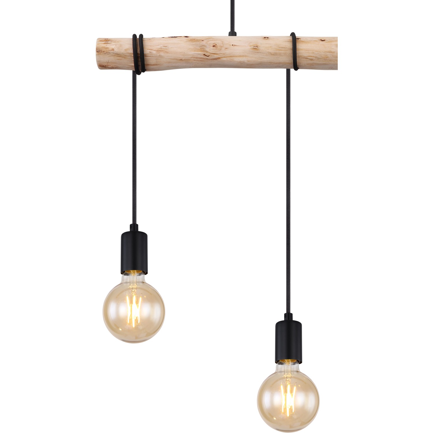 Globo Pendelleuchte Gregor, 3-flammig, schwarz, mit Holzbalken und E27 Fassungen.