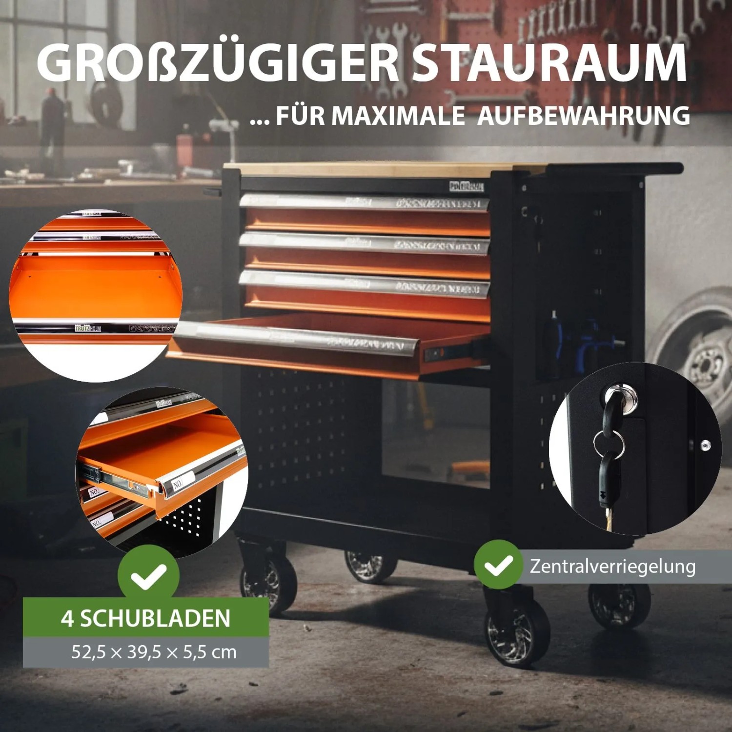 TRUTZHOLM Werkstattwagen mit 4 Schubladen, Hartholzplatte, orange. Werkzeugwagen für Werkstatt und Garage.