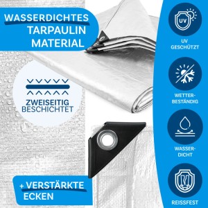 Weiße Karat Abdeckplane 8x14m, wasserdicht, mit Ösen und verstärkten Ecken.