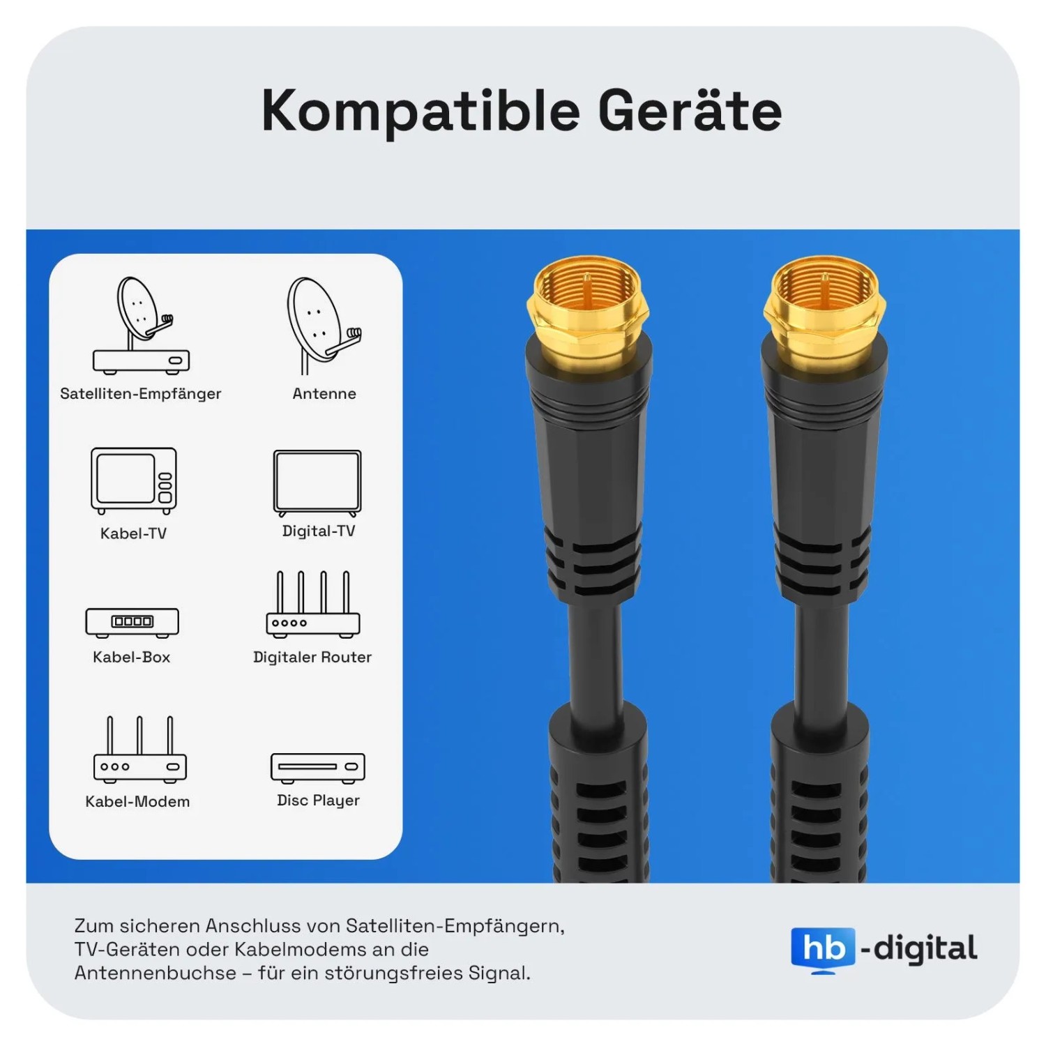Schwarzes SAT Kabel mit vergoldeten F-Steckern. Zeigt kompatible Geräte wie Receiver, TV, Antenne für Audio & Video.