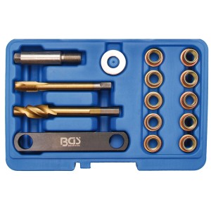 BGS Reparatur-Satz für Bremsgewinde VAG M12, 15-teilig im blauen Kasten.