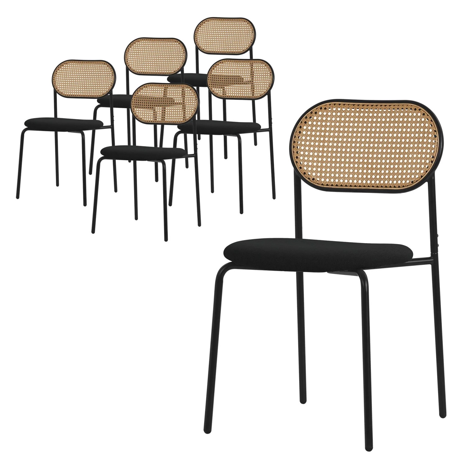 ML-Design Esszimmerstühle 6er Set Schwarz Rattan Rückenlehne Rund