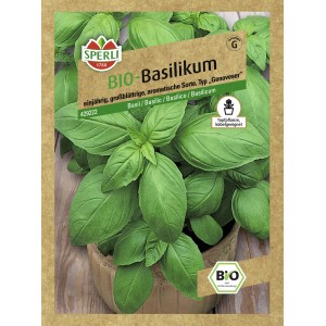 Sperli Basilikum Großer Grüner Genoveser Bio Samenpackung mit Basilikumpflanze.