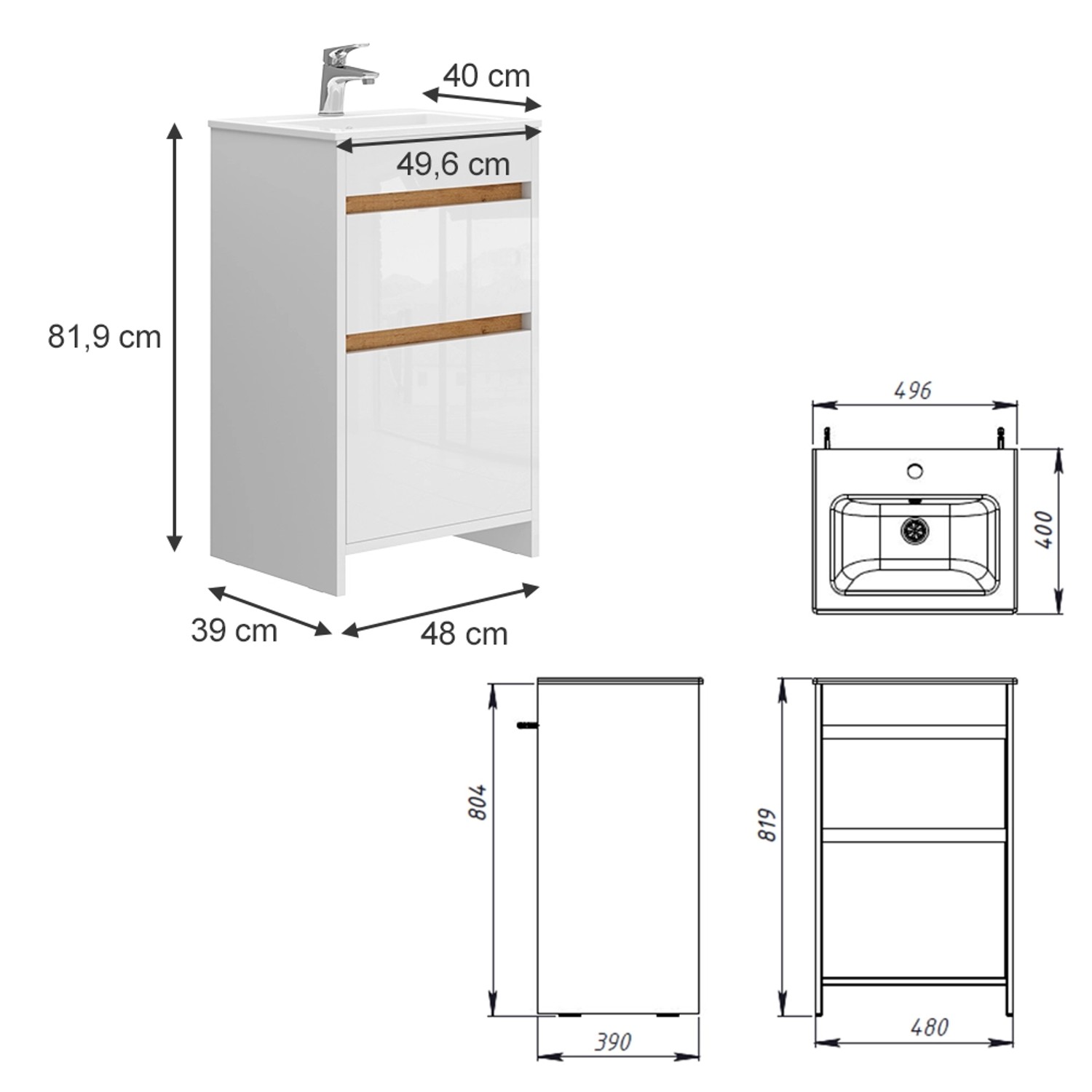 Vicco Badmöbel-Set Detmold, weiß/hochglanz, 2-teilig mit Waschbecken, Maße