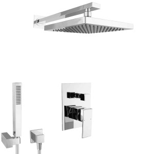 Eckiges PaulGurkes Unterputz Regenduschen-Set mit Kopf-, Handbrause und Armatur.